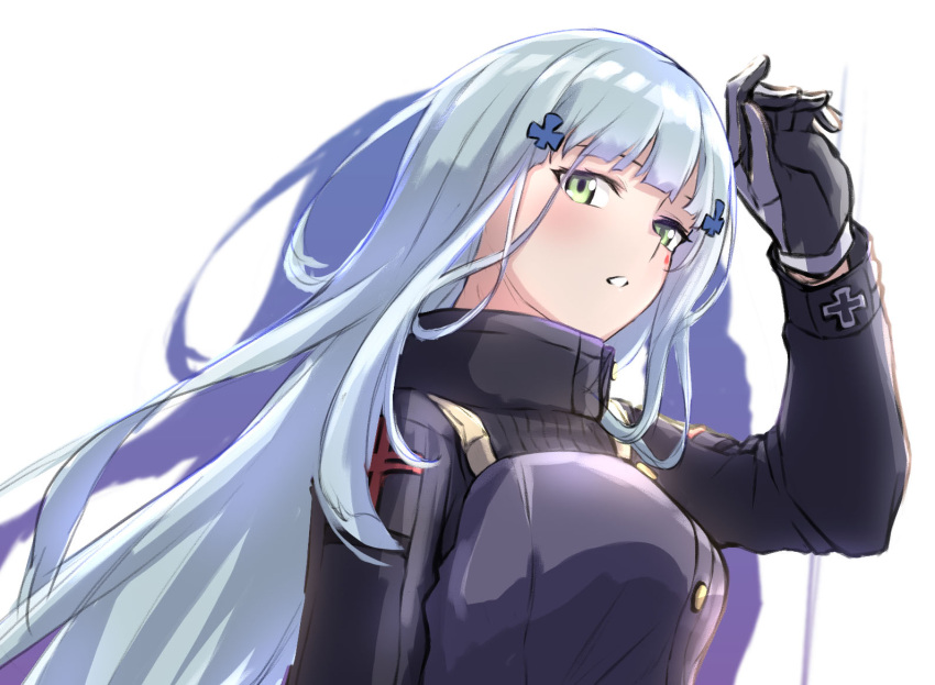 1girl 3_small_spiders :o bangs black_gloves blue_hair blush breasts crossed_bangs eyebrows_visible_through_hair from_above girls_frontline gloves green_eyes hand_up hk416_(girls'_frontline) long_hair looking_at_viewer medium_breasts open_mouth shadow solo_focus tactical_clothes teardrop_facial_mark teardrop_tattoo uniform upper_body white_background