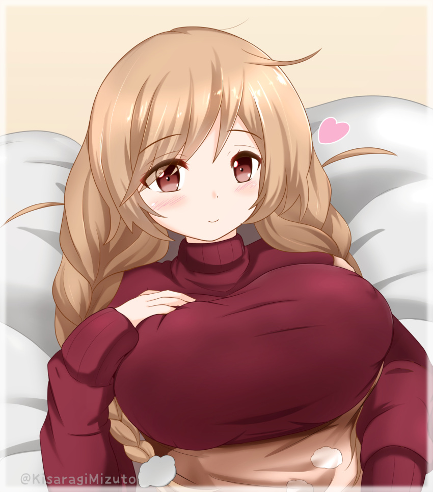 1girl apron bangs beige_background blush braid breasts brown_eyes closed_mouth eyebrows_visible_through_hair hand_on_own_chest heart highres kantai_collection kisaragi_mizuto large_breasts light_brown_hair long_hair long_sleeves looking_at_viewer lying minegumo_(kancolle) red_sweater simple_background smile solo sweater swept_bangs turtleneck turtleneck_sweater twin_braids twitter_username upper_body