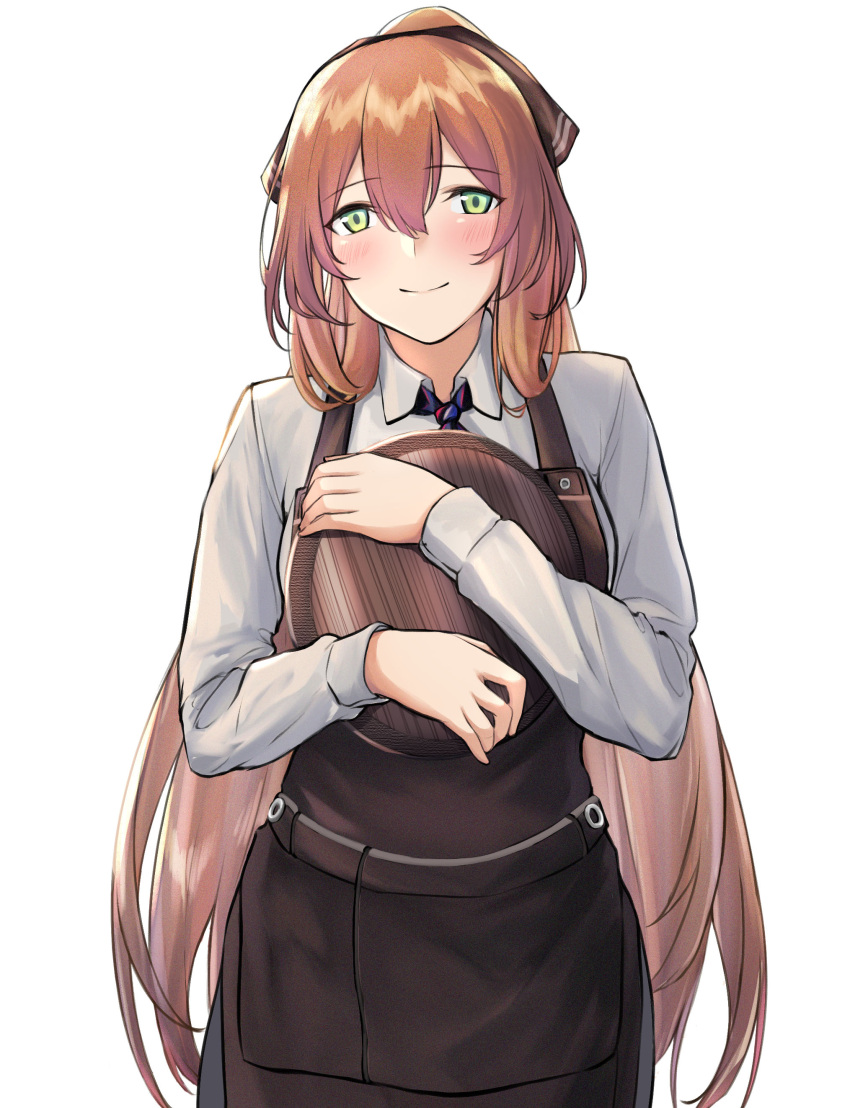 1girl 3_small_spiders absurdres apron blush brown_apron brown_ribbon closed_mouth eyebrows_visible_through_hair feet_out_of_frame girls_frontline green_eyes hair_ribbon highres holding holding_tray long_hair looking_at_viewer neck_ribbon orange_hair ribbon shirt smile solo springfield_(girls'_frontline) standing tray upper_body white_background white_shirt