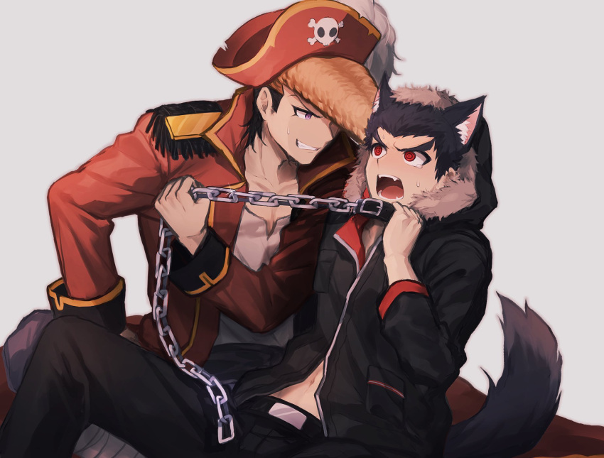 2boys alternate_costume animal_collar animal_ears belt black_belt black_collar black_hair black_jacket black_pants blue_eyes brown_hair cat_boy cat_ears cat_tail chain chained collar collarbone commentary_request danganronpa:_trigger_happy_havoc danganronpa_(series) fangs foot_out_of_frame grey_background grey_shirt grin hat highres ishimaru_kiyotaka jacket looking_at_another male_focus mizukura_ion multiple_boys navel oowada_mondo open_mouth pants pirate_costume pirate_hat pompadour red_eyes red_jacket shirt short_hair simple_background sitting skull_print smile sweatdrop tail teeth