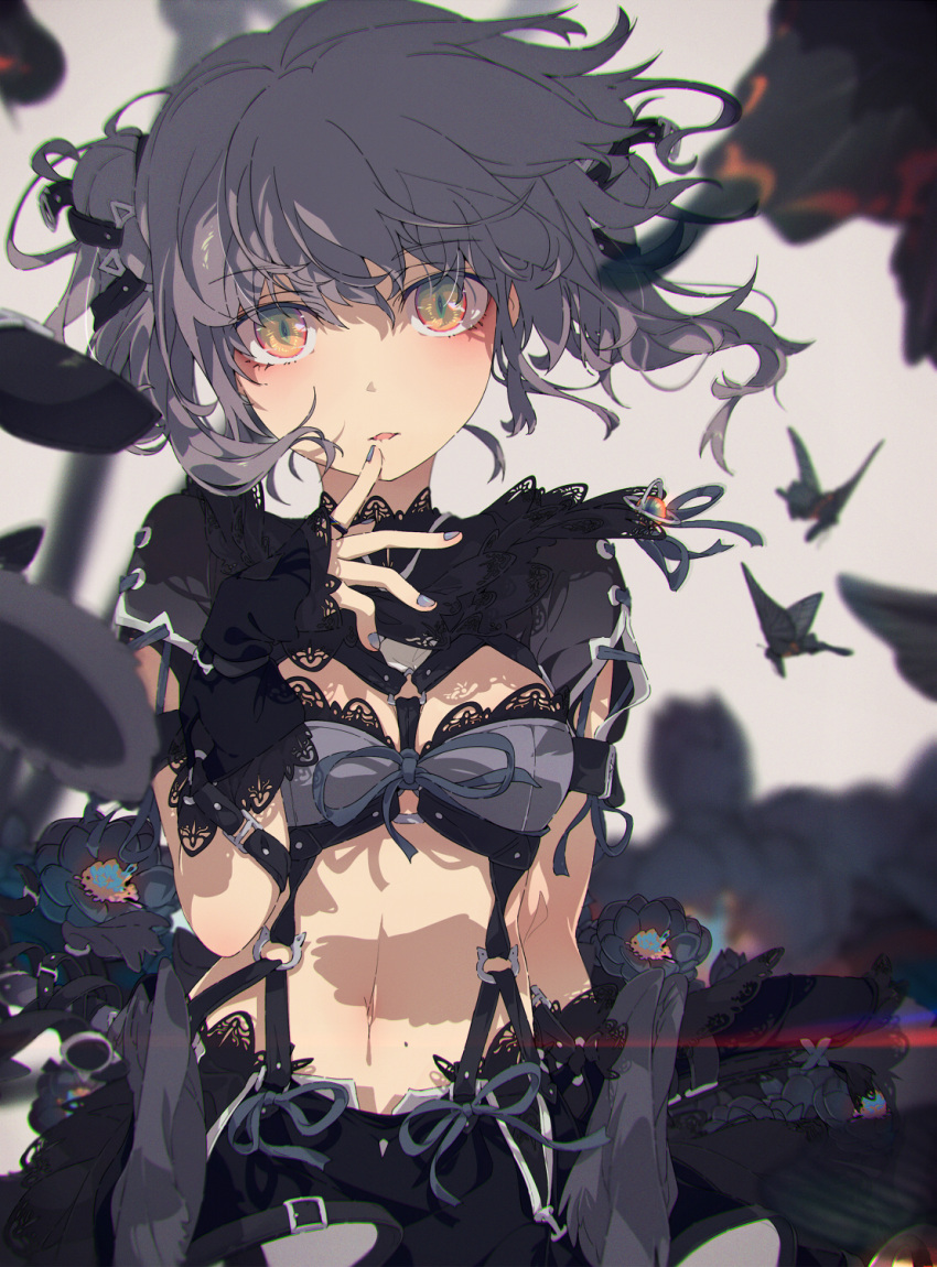 1girl black_flower blurry blurry_background blurry_foreground bug butterfly commentary_request double_bun finger_to_mouth flower grey_hair grey_nails highres looking_at_viewer nail_polish navel ogipote original short_hair slit_pupils solo yellow_eyes