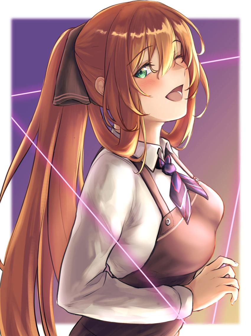 1girl 3_small_spiders absurdres apron blush breasts brown_apron brown_ribbon eyebrows_visible_through_hair from_side girls_frontline green_eyes hair_ribbon highres long_hair looking_at_viewer medium_breasts neck_ribbon one_eye_closed open_mouth orange_hair ponytail ribbon shirt simple_background smile solo springfield_(girls'_frontline) upper_body white_shirt