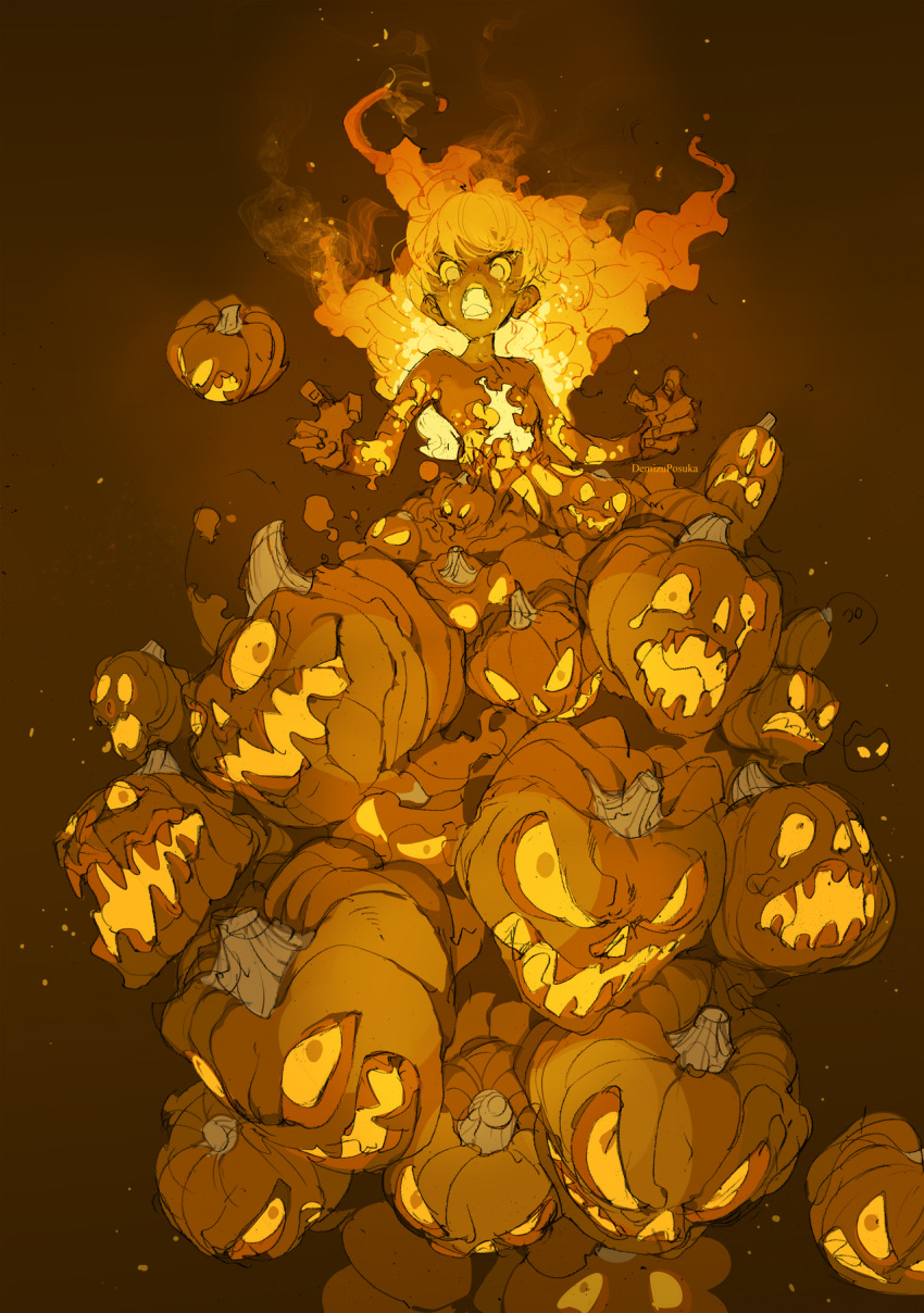 1girl artist_name burning demizu_posuka fiery_hair fire flame glowing gradient gradient_background halloween highres jack-o'-lantern looking_at_viewer magic open_mouth orange_background original pumpkin smoke solo spirit