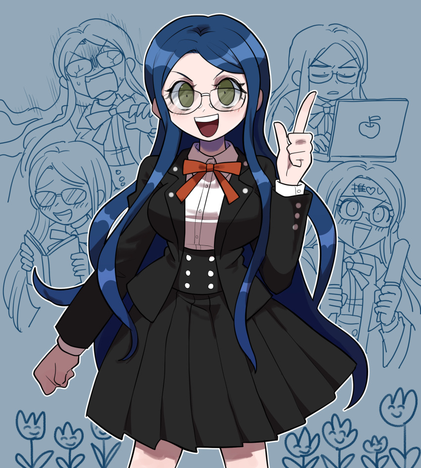 1girl :d apple_print bangs blue_hair blush book breasts broken_eyewear collared_shirt commentary_request computer cowboy_shot danganronpa_(series) danganronpa_v3:_killing_harmony dress_shirt flower furukawa_(yomawari) glasses hand_up highres holding holding_book index_finger_raised jacket laptop large_breasts long_hair long_sleeves looking_at_viewer multiple_views neck_ribbon open_book open_mouth outline pleated_skirt red_ribbon ribbon school_uniform shirogane_tsumugi shirt skirt smile teeth upper_teeth white_outline white_shirt