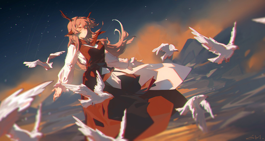 1girl aenrs alina_(arknights) animal animal_ears arknights bird black_dress black_neckerchief brown_hair chromatic_aberration closed_eyes commentary deer_antlers deer_ears deer_girl dress hair_ornament highres long_hair long_sleeves neckerchief outdoors outstretched_arms pigeon sky smile solo spread_arms star_(sky) starry_sky white_sleeves