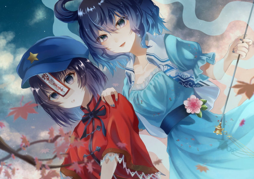 2girls bangs blue_dress blue_eyes blue_hair blurry blurry_foreground cabbie_hat chinese_clothes chisel dress dutch_angle flower hair_ornament hair_ribbon hair_rings hand_on_another's_shoulder hat highres kaku_seiga leaf looking_at_viewer maple_leaf mimino_courou miyako_yoshika multiple_girls ofuda open_mouth outdoors outstretched_arms pink_flower purple_hair purple_headwear ribbon shawl short_hair short_sleeves smile star_(symbol) star_hair_ornament tangzhuang touhou upper_body vest violet_eyes white_vest