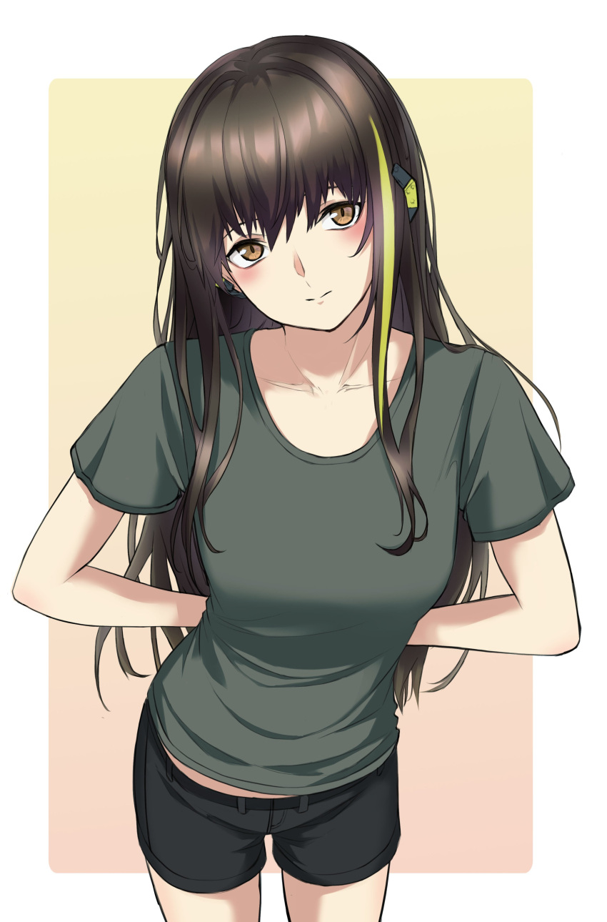1girl 3_small_spiders absurdres arms_behind_back bangs black_shorts blush breasts brown_eyes brown_hair closed_mouth collarbone eyebrows_visible_through_hair feet_out_of_frame girls_frontline green_shirt headphones highres leaning_forward long_hair looking_at_viewer m4a1_(girls'_frontline) medium_breasts multicolored_hair shirt shorts simple_background solo standing