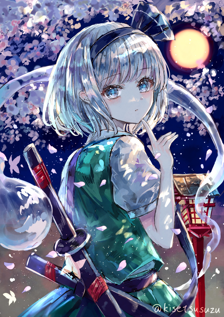 1girl :| absurdres ascot bangs black_ascot black_hairband blue_eyes bob_cut branch bug butterfly cherry_blossoms closed_mouth collared_shirt expressionless eyebrows_visible_through_hair finger_to_mouth green_skirt green_vest hairband highres katana konpaku_youmu konpaku_youmu_(ghost) lantern looking_at_viewer looking_back moon night petals puffy_short_sleeves puffy_sleeves scabbard sheath shirt short_hair short_sleeves skirt sky solo standing suzushina sword touhou twitter_username upper_body vest weapon white_shirt wing_collar