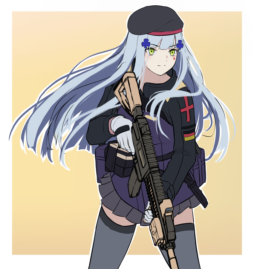 1girl 3_small_spiders absurdres ammunition_belt assault_rifle bangs beret black_headwear black_legwear blue_hair closed_mouth crossed_bangs eyebrows_visible_through_hair feet_out_of_frame german_flag girls_frontline gloves green_eyes gun h&amp;k_hk416 hat highres hk416_(girls'_frontline) holding holding_gun holding_weapon long_hair looking_away rifle simple_background solo standing tactical_clothes teardrop_facial_mark teardrop_tattoo thigh-highs uniform weapon white_gloves