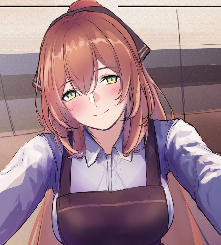 1girl 3_small_spiders apron blush breasts brown_apron brown_ribbon closed_mouth eyebrows_visible_through_hair girls_frontline green_eyes hair_ribbon highres long_hair looking_at_viewer medium_breasts orange_hair ponytail ribbon shirt simple_background smile solo_focus springfield_(girls'_frontline) upper_body white_shirt