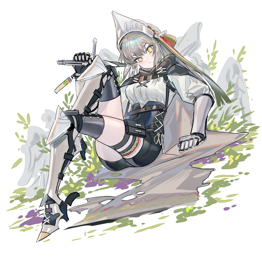 1girl arknights arm_support armored_boots bangs black_cape black_legwear black_shorts blush boots breasts bright_pupils cape closed_mouth covered_navel echj eyebrows_visible_through_hair fartooth_(arknights) feather_hair full_body gauntlets grey_footwear helmet high-waist_shorts highres holding holding_sword holding_weapon knee_boots leaning_back long_hair long_sleeves looking_at_viewer medium_breasts puffy_long_sleeves puffy_sleeves rock shirt shorts silver_hair simple_background sitting solo sword thigh-highs thigh_pouch thigh_strap thighhighs_under_boots v-shaped_eyebrows weapon white_background white_shirt yellow_eyes