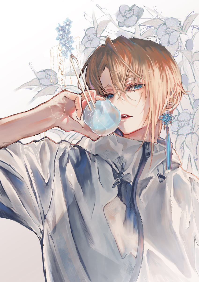 1boy absurdres bangs bishounen blonde_hair blue_eyes blue_flower broken crossed_bangs earrings fang floral_background flower food fruit grey_shirt haru_(yckd5728) highres holding holding_food holding_fruit jewelry knot looking_at_viewer male_focus open_mouth original shirt short_hair single_earring solo tassel tassel_earrings white_legwear