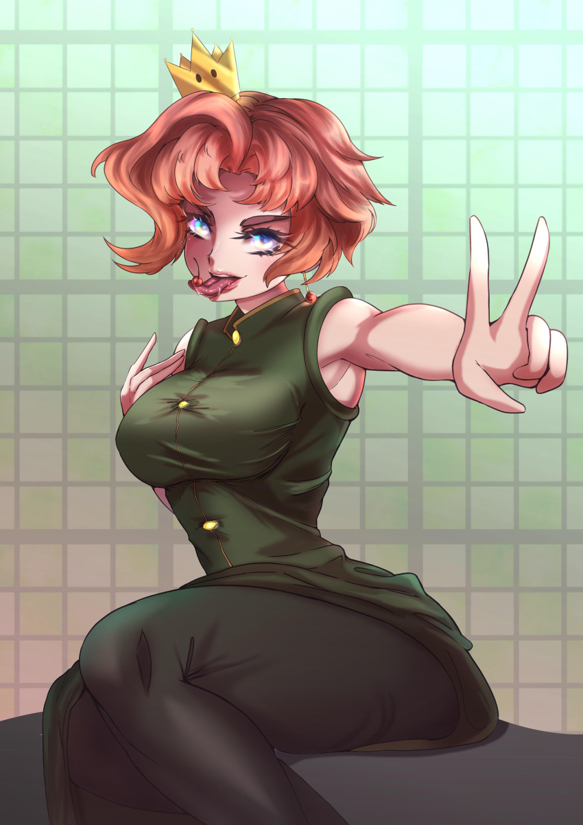1girl absurdres arm_up armpits bare_shoulders black_legwear blue_eyes breasts buttons crown dress earrings eyelashes food food_in_mouth genderswap genderswap_(mtf) green_dress hand_on_shoulder highres jewelry jojo_no_kimyou_na_bouken kakyoin_noriaki large_breasts leggings licking pink_hair redhead sleeveless sleeveless_dress solo stardust_crusaders super_crown tongue tongue_out v