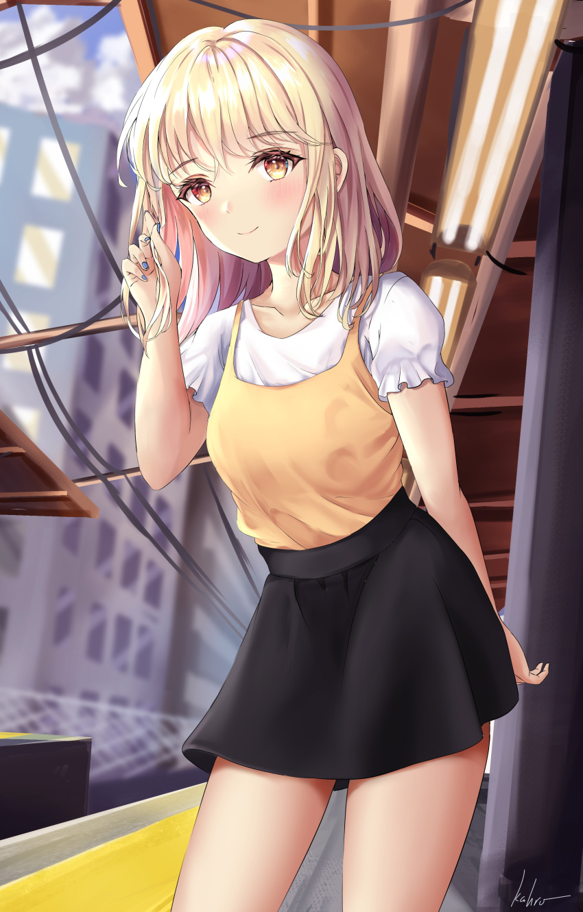1girl absurdres black_skirt blonde_hair blue_nails blurry blurry_background blush brown_eyes derek_xu english_commentary hand_up highres long_hair looking_at_viewer original outdoors playing_with_own_hair power_lines shirt short_sleeves signature skirt solo standing train_station white_shirt