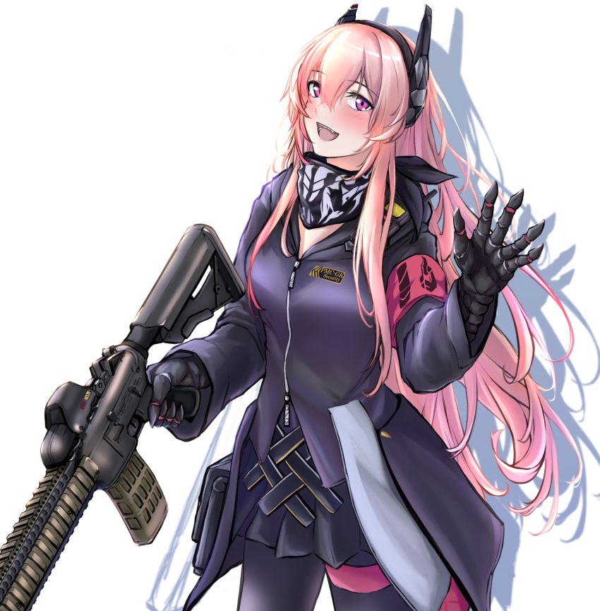 1girl 3_small_spiders black_gloves black_jacket black_scarf black_skirt blush eyebrows_visible_through_hair feet_out_of_frame girls_frontline gloves gun hand_up headphones highres holding holding_gun holding_weapon jacket long_hair looking_at_viewer m4_sopmod_ii m4_sopmod_ii_(girls'_frontline) multicolored_hair open_mouth pink_eyes pink_hair scarf shadow skirt smile solo standing walkie-talkie weapon white_background