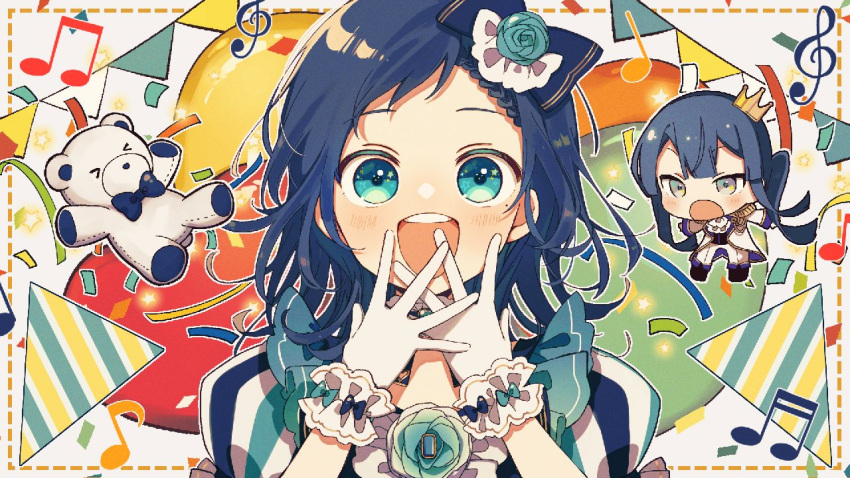 :d :o aiba_uiha bangs beamed_sixteenth_notes black_footwear black_shirt blue_bow blue_eyes blue_flower blue_hair blue_rose boots bow braid braided_bangs commentary_request crown dotted_line eighth_note epaulettes eyebrows_visible_through_hair flower grey_eyes hair_bow hand_to_own_mouth hands_up jacket long_hair mini_crown musical_note nijisanji open_clothes open_jacket pants party_popper puffy_short_sleeves puffy_sleeves rose shirt short_sleeves smile sofra stuffed_animal stuffed_toy teddy_bear teeth tilted_headwear treble_clef upper_body upper_teeth very_long_hair virtual_youtuber white_jacket white_pants white_shirt