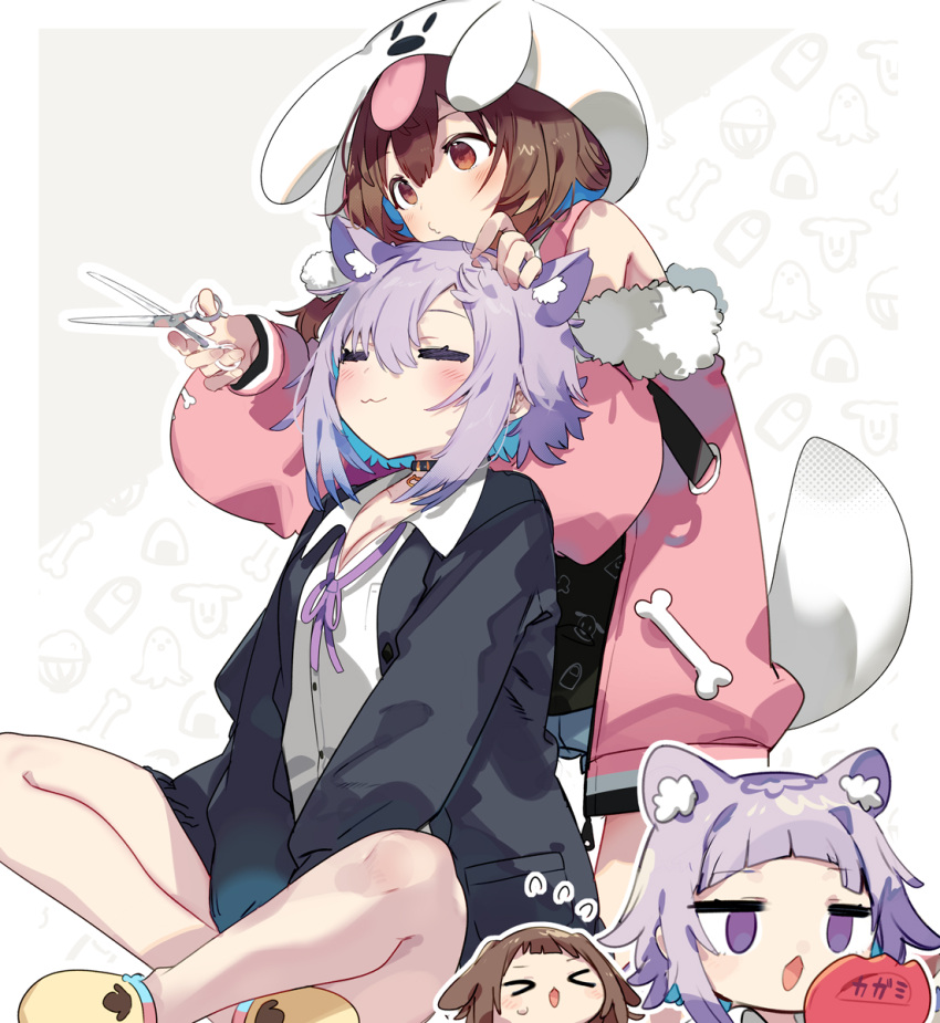 2girls :3 :o alternate_costume animal_ears animal_hood black_jacket brown_eyes brown_hair cat_ears crossed_legs cutting_hair dog_ears dog_hood highres hololive hood inugami_korone jacket karei mirror multiple_girls nekomata_okayu official_alternate_costume purple_hair scissors simple_background slippers violet_eyes virtual_youtuber white_background