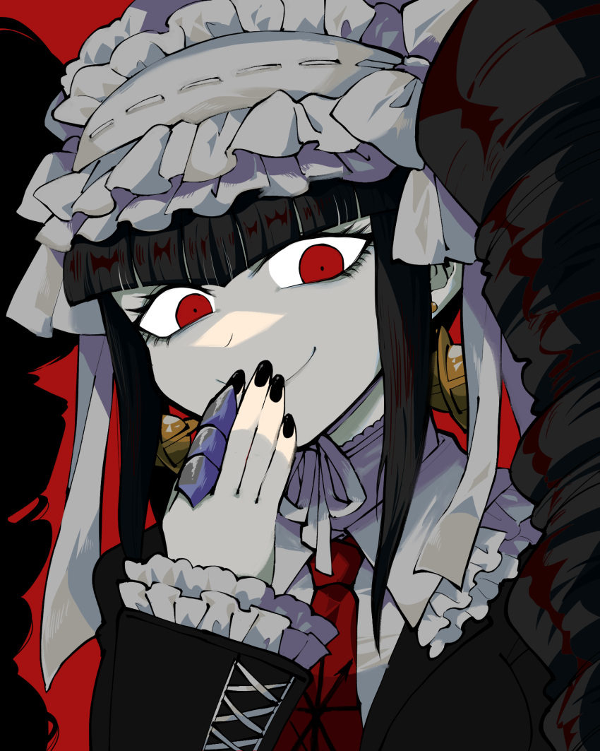 1girl bangs black_hair black_nails bonnet bow celestia_ludenberg claw_ring closed_mouth commentary_request covering_mouth danganronpa:_trigger_happy_havoc danganronpa_(series) drill_hair earrings fingernails frills furukawa_(yomawari) gothic_lolita hand_over_own_mouth highres jacket jewelry lolita_fashion long_hair long_sleeves looking_at_viewer nail_polish necktie red_eyes red_necktie simple_background smile solo twin_drills twintails upper_body