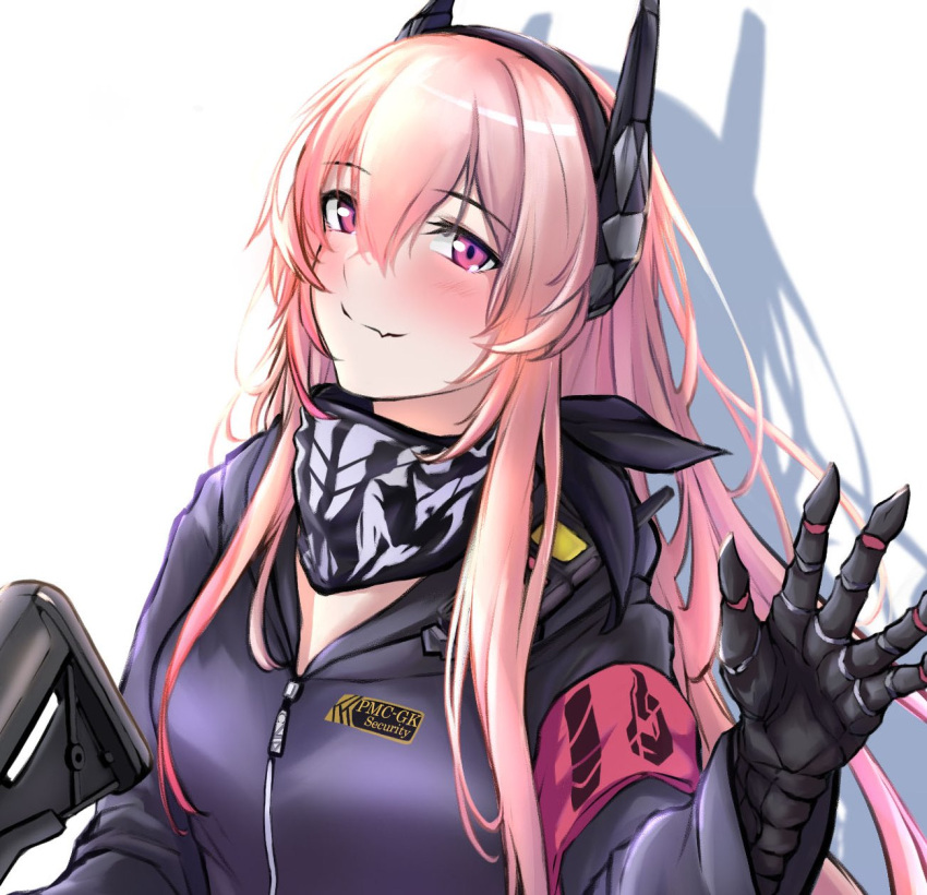 1girl 3_small_spiders =3 black_gloves black_jacket black_scarf blush closed_mouth eyebrows_visible_through_hair girls_frontline gloves gun hand_up headphones highres holding holding_gun holding_weapon jacket long_hair looking_at_viewer m4_sopmod_ii m4_sopmod_ii_(girls'_frontline) multicolored_hair pink_eyes pink_hair scarf shadow smile solo_focus upper_body uwu walkie-talkie weapon white_background