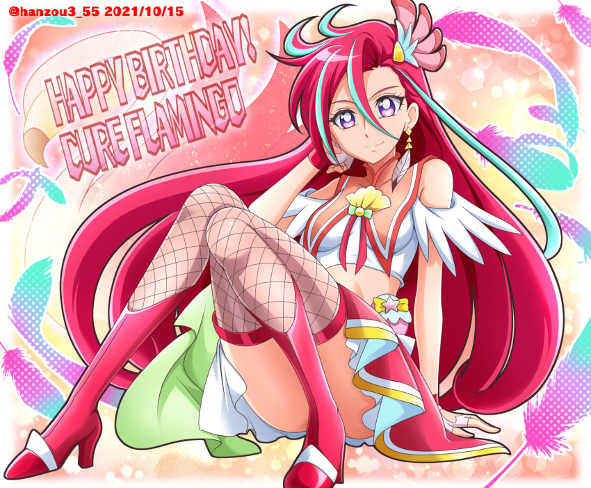 1girl 2021 bangs blue_hair breasts character_name closed_mouth clothing_cutout collarbone cure_flamingo dated fingerless_gloves fishnet_legwear fishnets floating_hair full_body gloves hair_between_eyes hair_ornament hairclip hand_in_hair hanzou happy_birthday heart_cutout high_heels highres layered_skirt long_hair looking_at_viewer midriff miniskirt precure red_footwear redhead sitting skirt small_breasts smile solo stomach thigh-highs tropical-rouge!_precure twitter_username very_long_hair violet_eyes white_gloves
