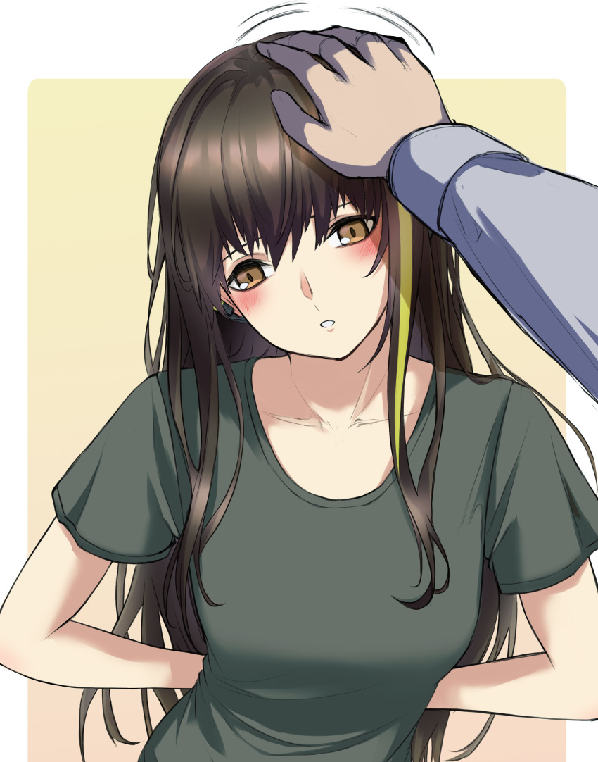 1girl 3_small_spiders :o absurdres arms_behind_back bangs blush breasts brown_eyes brown_hair collarbone eyebrows_visible_through_hair girls_frontline green_shirt hand_on_own_head headphones highres leaning_forward long_hair looking_away m4a1_(girls'_frontline) medium_breasts multicolored_hair open_mouth shirt simple_background solo upper_body