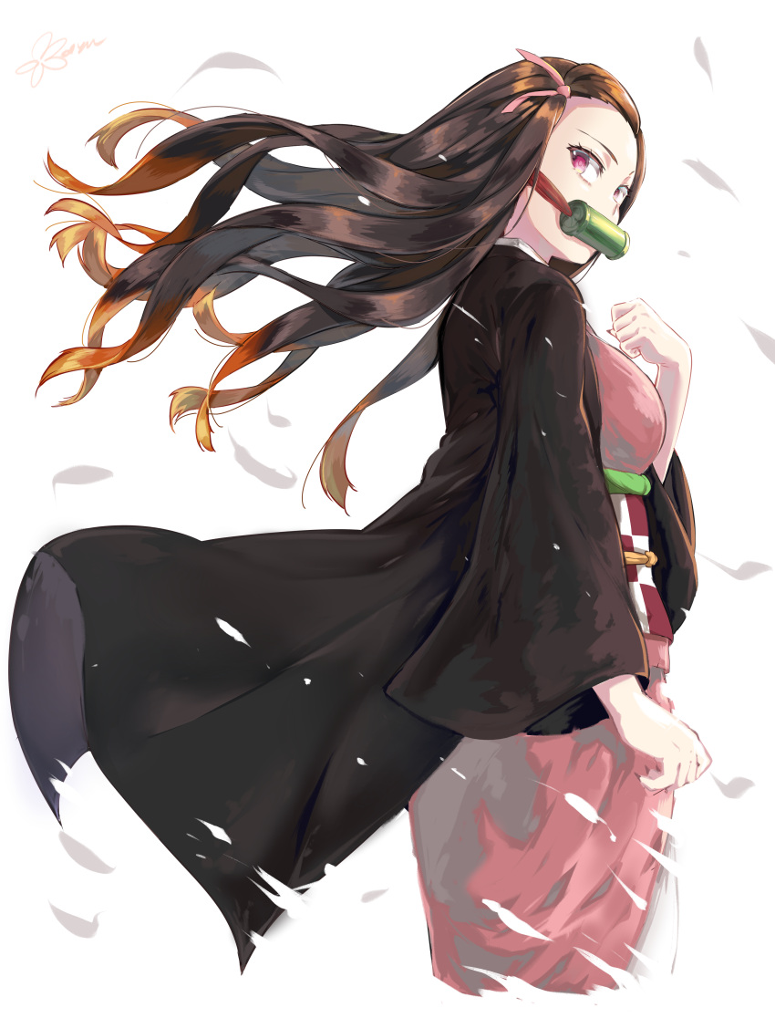 1girl absurdres bamboo bit_gag black_hair black_jacket clenched_hand commentary_request fingernails floating_hair forehead gag gradient_hair hand_up highres jacket japanese_clothes kamado_nezuko kimetsu_no_yaiba kimono korean_commentary long_hair looking_at_viewer looking_to_the_side multicolored_hair obi orange_hair pink_kimono pink_ribbon ribbon sash sharp_fingernails simple_background solo two-tone_hair very_long_hair white_background wide_sleeves wind yugion