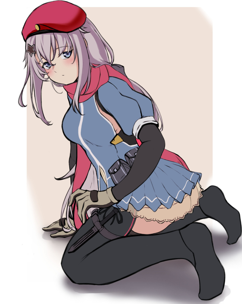 1girl 3_small_spiders 9a-91_(girls'_frontline) absurdres beret black_legwear blue_dress blue_eyes blush breasts brown_gloves closed_mouth dress eyebrows_visible_through_hair from_side girls_frontline gloves grey_hair hair_ornament hat highres knife_holster long_hair looking_at_viewer no_shoes on_floor red_headwear red_scarf scarf simple_background solo star_(symbol) star_hair_ornament thigh-highs