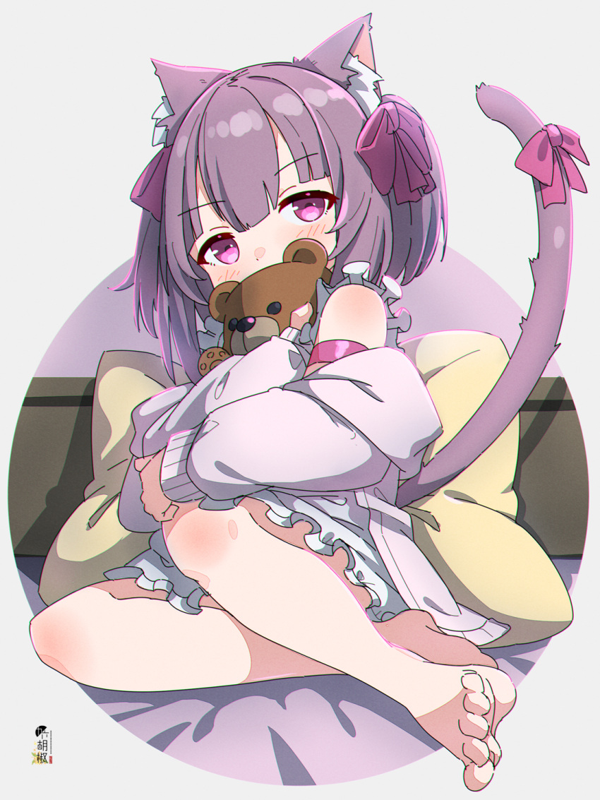 1girl animal_ear_fluff animal_ears bare_shoulders barefoot bed blush bow cat_ears cat_girl cat_tail commentary commission covered_mouth dress frilled_dress frills full_body hair_bow highres jacket kuro_kosyou looking_at_viewer object_hug off_shoulder open_clothes open_jacket original pillow pink_bow pink_jacket purple_hair skeb_commission sleeveless sleeveless_dress soles solo stuffed_animal stuffed_toy tail tail_bow tail_ornament tail_raised teddy_bear two_side_up violet_eyes