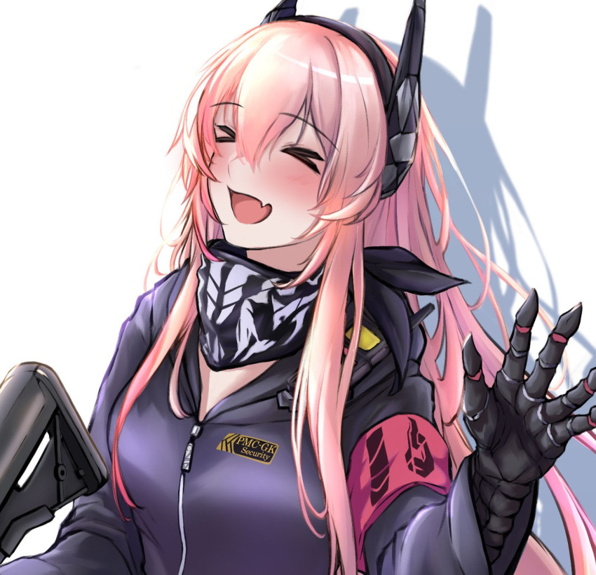 1girl 3_small_spiders black_gloves black_jacket black_scarf blush closed_eyes eyebrows_visible_through_hair girls_frontline gloves gun hand_up headphones highres holding holding_gun holding_weapon jacket long_hair looking_at_viewer m4_sopmod_ii m4_sopmod_ii_(girls'_frontline) multicolored_hair open_mouth pink_hair scarf shadow smile solo_focus upper_body walkie-talkie weapon white_background