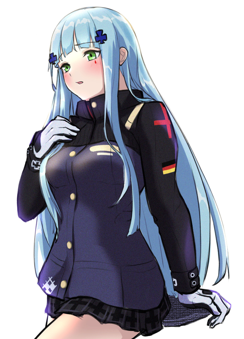 1girl 3_small_spiders bangs blue_hair blush breasts crossed_bangs eyebrows_visible_through_hair feet_out_of_frame german_flag girls_frontline gloves green_eyes hand_on_breast highres hk416_(girls'_frontline) long_hair looking_down open_mouth skirt solo tactical_clothes teardrop_facial_mark teardrop_tattoo uniform upper_body white_background white_gloves