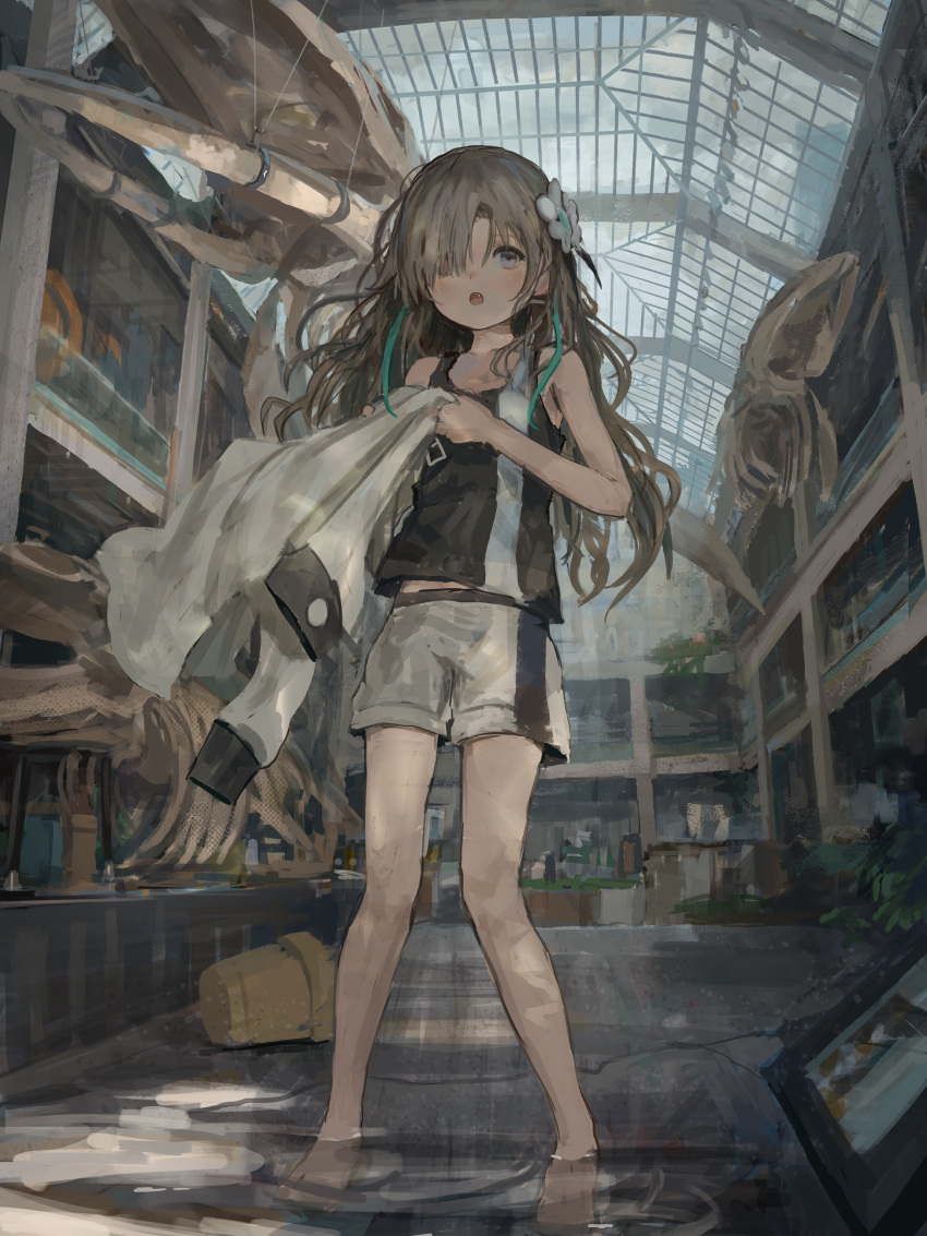 1girl :o absurdres aqua_hair barefoot blue_eyes camisole coat coat_removed fossil grey_hair hair_ornament hair_over_one_eye highres indoors isekai_joucho kamitsubaki_studio long_hair multicolored_hair open_mouth shion_(mirudakemann) shorts sketch solo two-tone_hair virtual_youtuber wading water white_coat window
