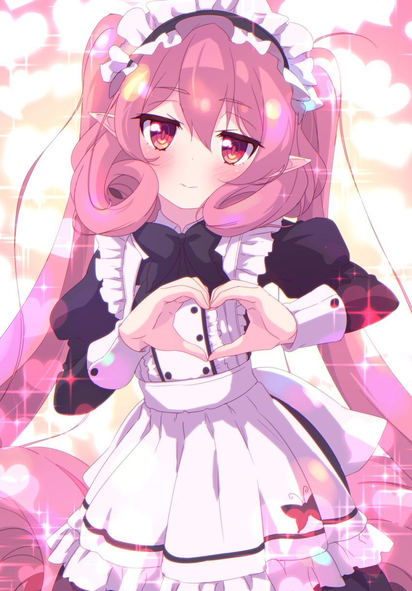 1girl absurdres bangs blush bow bowtie elf glitter heart heart_hands highres long_hair looking_at_viewer maid maid_headdress neneka_(princess_connect!) pink_hair pointy_ears princess_connect! red_eyes smile solo sw_(taco) twintails very_long_hair