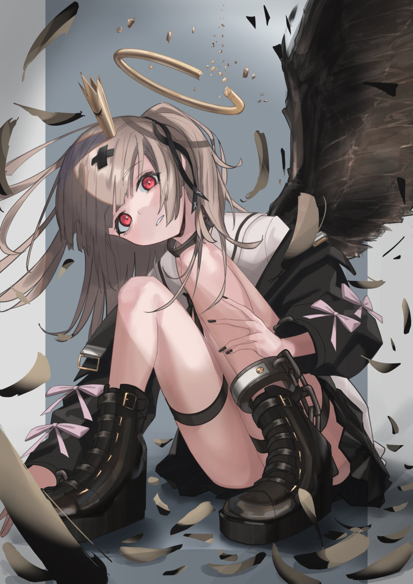 1girl black_footwear black_wings broken_halo crown feathers grey_hair halo head_tilt highres indie_virtual_youtuber looking_at_viewer mini_crown miyasato_s red_eyes sitting skirt solo tokusari_kukuri virtual_youtuber wings