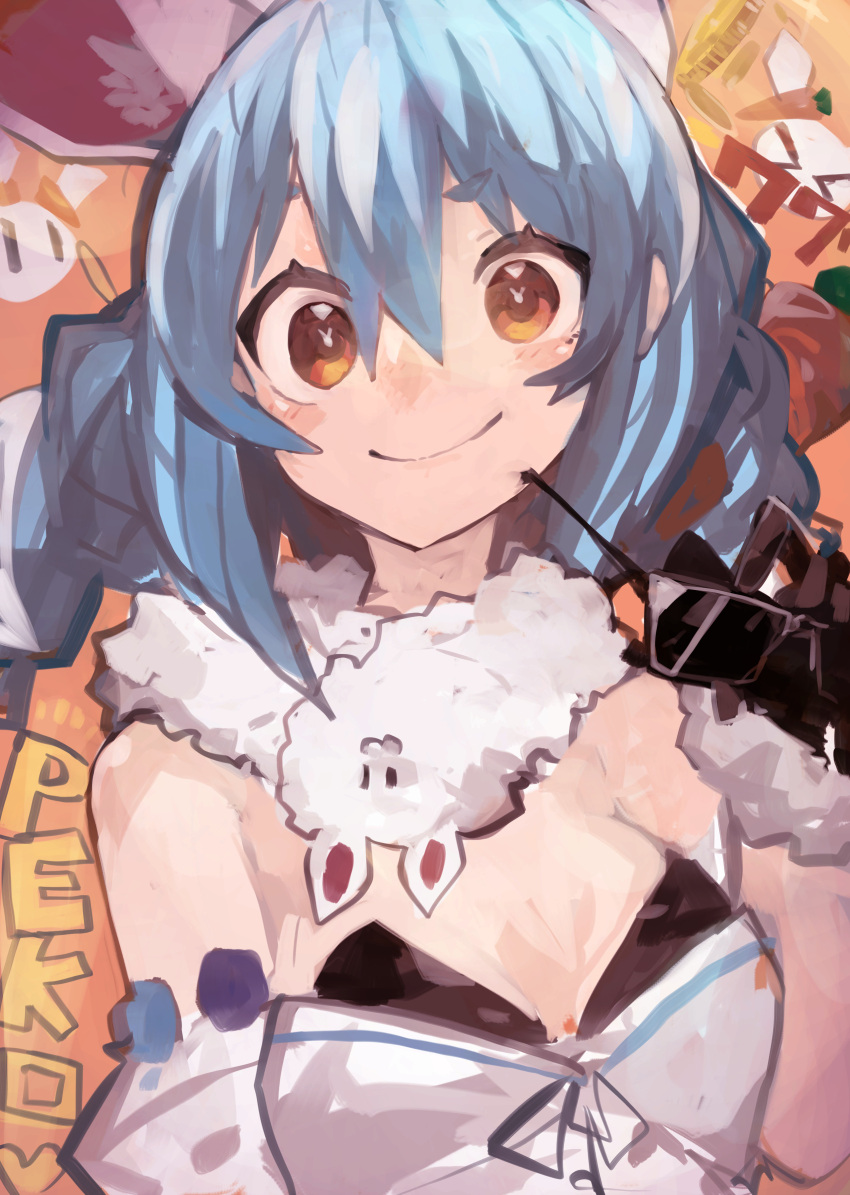 &gt;_&lt; 1girl :3 =3 absurdres animal_ear_fluff animal_ears bangs bare_shoulders black_gloves blue_hair blush braid breasts carrot_hair_ornament closed_mouth detached_sleeves don-chan_(usada_pekora) dress eyebrows_visible_through_hair eyewear_removed food-themed_hair_ornament gloves hair_between_eyes hair_ornament hand_up heart highres holding holding_eyewear hololive kaamin_(mariarose753) long_hair looking_ahead multicolored_hair nousagi_(usada_pekora) orange_eyes rabbit_ears short_eyebrows sidelocks small_breasts smile sunglasses symbol-shaped_pupils twin_braids upper_body usada_pekora white_dress white_hair wrist_cuffs |_|