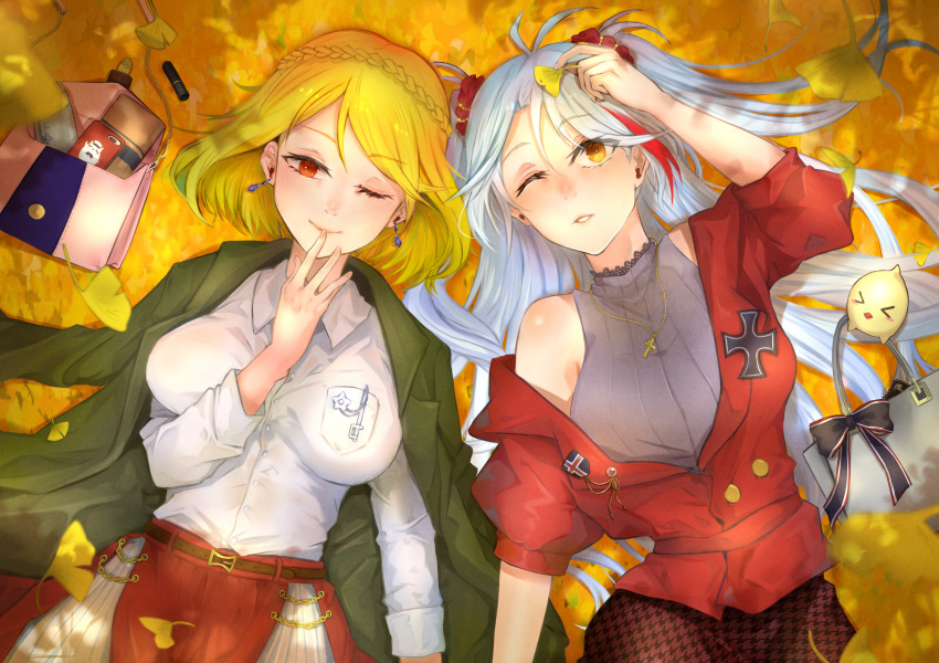 2girls absurdres autumn_leaves azur_lane bag genshi_usagi hand_to_own_mouth highres jacket leaf lying manjuu_(azur_lane) multiple_girls on_back one_eye_closed prince_of_wales_(azur_lane) prinz_eugen_(azur_lane)