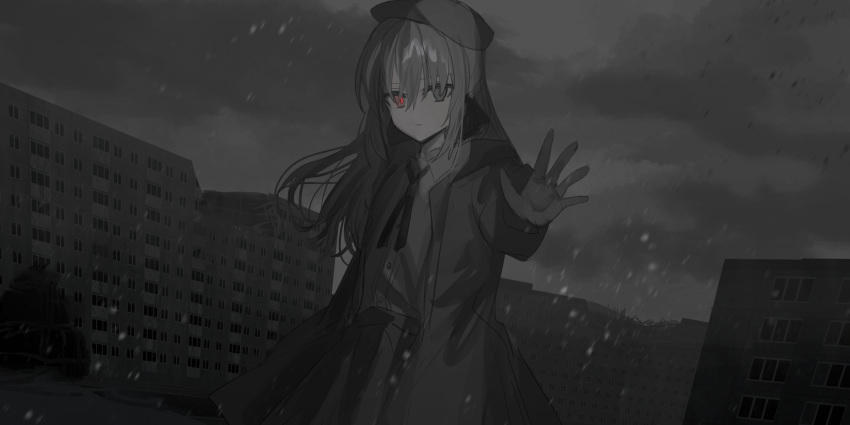 1girl absurdres bangs beret black_bow black_gloves black_headwear black_jacket black_skirt bow brown_eyes building chihuri clouds cloudy_sky collared_shirt commentary_request dress_shirt eve_(chihuri) eyebrows_visible_through_hair floating_hair gloves grey_eyes grey_hair grey_shirt hair_between_eyes hair_bow hat heterochromia highres jacket long_hair long_sleeves looking_at_viewer open_clothes open_jacket original outdoors parted_lips ruins shirt skirt sky snow snowing solo very_long_hair window