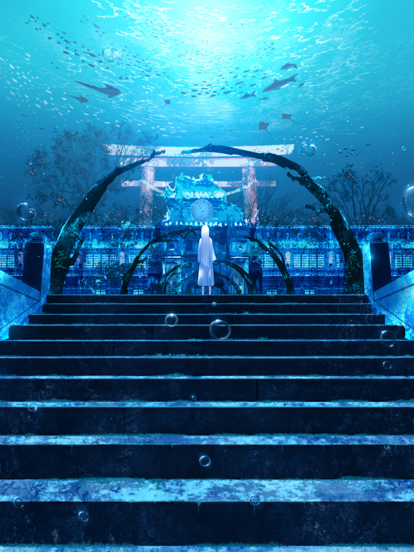 1girl absurdres air_bubble arch bubble dress facing_away fantasy fish highres long_hair manta_ray ocean original scenery shark shuu_illust solo stairs standing stone_stairs torii tree underwater underwater_shrine white_dress