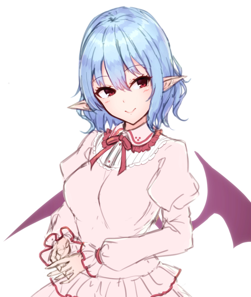 1girl bangs bat_wings blue_hair blush breasts closed_mouth dress eyebrows_visible_through_hair frilled_shirt_collar frills hair_between_eyes highres juliet_sleeves junior27016 long_sleeves looking_to_the_side medium_breasts no_hat no_headwear pink_dress pointy_ears puffy_sleeves red_eyes red_neckwear red_ribbon remilia_scarlet ribbon short_hair simple_background smile solo touhou upper_body white_background wings