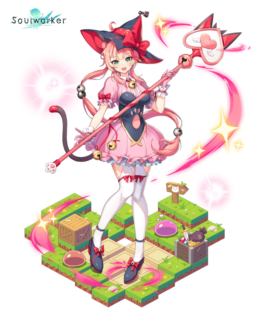 1girl :d absurdres black_headwear breasts cat_tail chii_aruel dress frilled_dress frills green_eyes hair_ornament hat highres holding holding_staff large_breasts lim_jaejin long_hair looking_at_viewer low_ponytail official_art pink_dress pink_hair shoes short_sleeves smile solo soul_worker staff tail thigh-highs very_long_hair white_legwear witch_hat