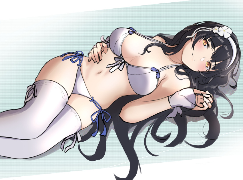 1girl 3_small_spiders absurdres bare_shoulders bikini black_hair blush bow bow_bra bra breasts closed_mouth eyebrows_visible_through_hair feet_out_of_frame fingerless_gloves flower girls_frontline gloves hair_flower hair_ornament hairband hand_on_own_stomach highres light_brown_eyes long_hair looking_at_viewer lying medium_breasts navel on_side ribbon_panties simple_background solo swimsuit thigh-highs type_95_(girls'_frontline) underwear white_bikini white_gloves white_hairband white_legwear white_swimsuit