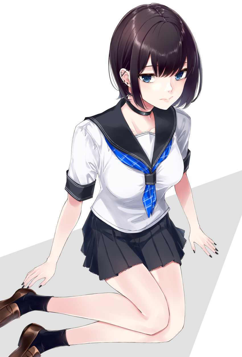 1girl absurdres bangs black_hair black_nails black_skirt blue_eyes blue_sailor_collar bob_cut breasts choker dabadhi detached_sleeves highres nail_polish original piercing sailor_collar school_uniform serafuku shirt short_hair short_sleeves sidelocks skirt solo white_background white_shirt