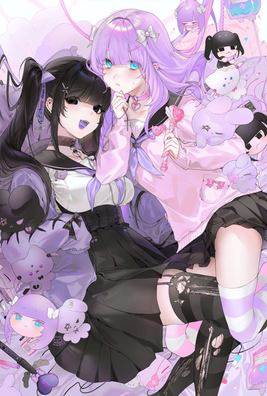 2girls absurdres aqua_eyes black_bow black_eyes black_hair black_legwear black_sailor_collar black_skirt bow breasts character_doll character_name colored_tongue cross-laced_clothes ear_piercing hair_bow high-waist_skirt highres holding holding_wand id_card intravenous_drip jacket jacket_partially_removed large_breasts long_hair luna_(unxi) multiple_girls open_mouth original piercing pink_legwear pleated_skirt purple_hair purple_jacket purple_legwear purple_tongue sailor_collar shirt signature skirt sleeves_past_wrists soleil_(unxi) striped striped_legwear stuffed_animal stuffed_bunny stuffed_cat stuffed_toy sweatdrop torn_clothes torn_legwear twintails unxi very_long_hair wand white_legwear white_shirt wire