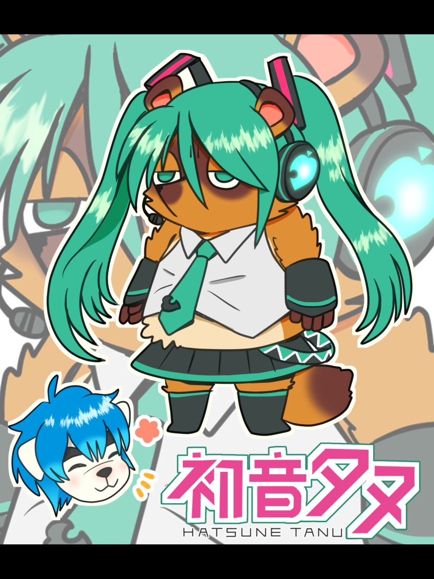 2boys animal_crossing boots commentary_request cosplay crossdressing detached_sleeves green_eyes green_hair hatsune_miku hatsune_miku_(cosplay) headphones headset highres k.k._slider_(animal_crossing) logo_parody male_focus multiple_boys necktie no_mouth outline parody smile thigh-highs thigh_boots tom_nook_(animal_crossing) vocaloid white_outline wig zoom_layer