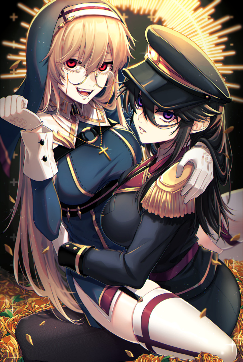 2girls absurdres black_hair blonde_hair breasts commentary_request cross cross_necklace fangs flower glasses gloves habit hair_between_eyes hat highres jewelry large_breasts long_hair long_sleeves looking_at_viewer military military_hat military_uniform mole mole_under_eye mole_under_mouth multiple_girls necklace nun open_mouth original pantyhose parted_lips red_eyes sitting sitting_on_lap sitting_on_person tatsuma_daisuke teeth thigh-highs tongue uniform violet_eyes yuri