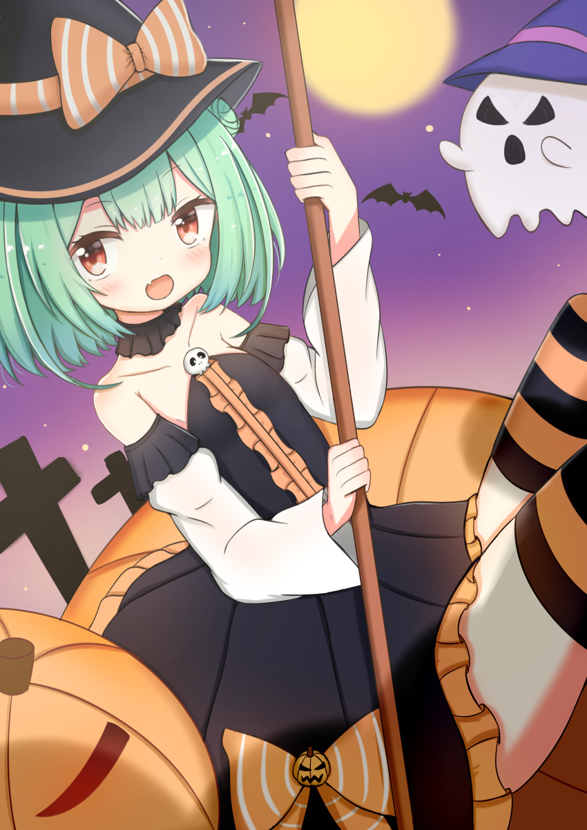 1girl :d absurdres bangs bare_shoulders black_dress black_headwear bow center_frills commentary_request detached_sleeves double_bun dress eyebrows_visible_through_hair fang frilled_dress frills full_moon ghost green_hair halloween hat highres hololive jack-o'-lantern jiu_(sdesd3205) juliet_sleeves long_sleeves looking_at_viewer moon orange_bow pleated_dress puffy_sleeves red_eyes smile solo strapless strapless_dress striped striped_bow striped_legwear thigh-highs uruha_rushia vertical_stripes virtual_youtuber white_sleeves witch_hat