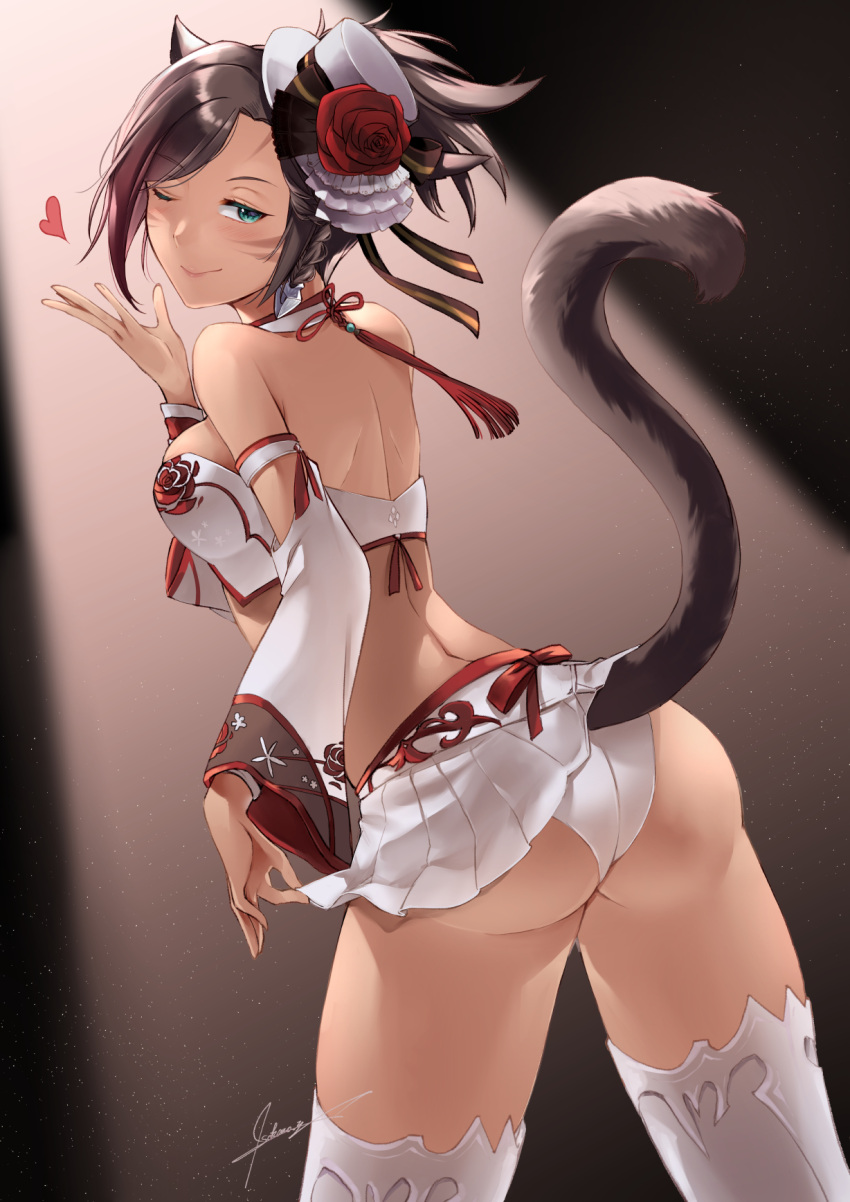 1girl animal_ears ass avatar_(ffxiv) bandeau black_hair braid breasts cat_ears cat_tail detached_sleeves eyebrows_visible_through_hair facial_mark final_fantasy final_fantasy_xiv from_behind green_eyes hat heart highres looking_at_viewer looking_back marie_makise medium_breasts miqo'te multicolored_hair nanase_kokono one_eye_closed short_hair signature skirt slit_pupils solo tail thigh-highs two-tone_hair whisker_markings