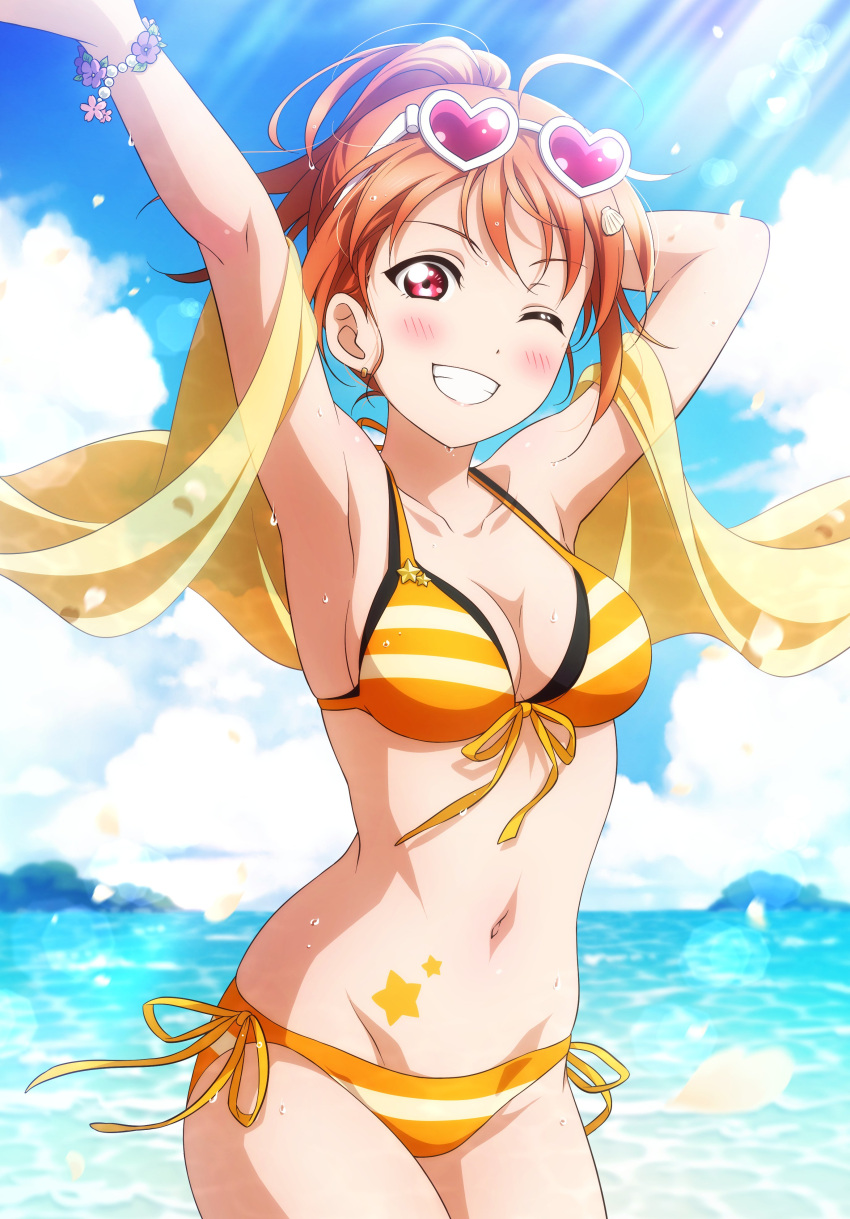 1girl absurdres ahoge arms_up bangs beach bead_bracelet beads bikini blue_sky blush bracelet breasts clouds cowboy_shot eyewear_on_head halterneck heart heart-shaped_eyewear highres jewelry kougi_hiroshi lens_flare love_live! love_live!_sunshine!! medium_breasts navel one_eye_closed orange_bikini orange_hair red_eyes short_ponytail side-tie_bikini sky smile solo stomach striped striped_bikini sunglasses sunlight swimsuit takami_chika teeth towel water water_drop wet