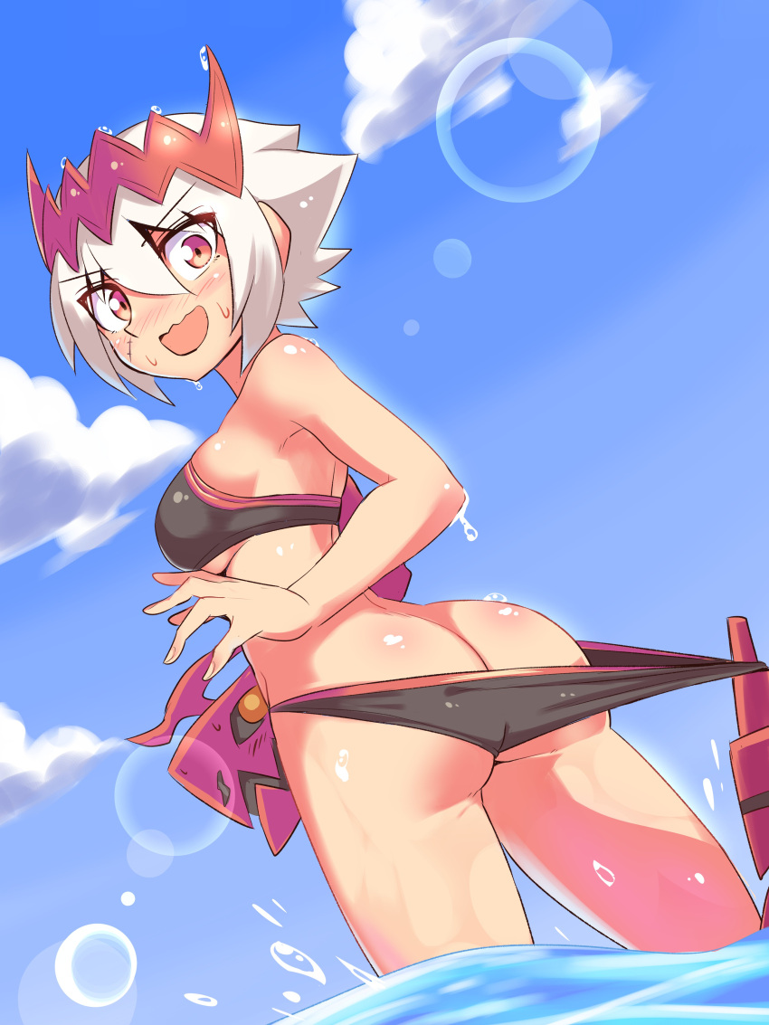 1girl absurdres ass blush breasts clouds cougar_(cougar1404) dragon:_marked_for_death empress_(dmfd) hair_ornament highres looking_at_viewer open_mouth red_eyes scar scar_on_cheek scar_on_face short_hair solo standing swimsuit water white_hair