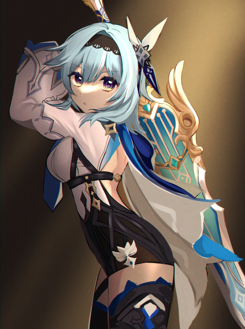 1girl arms_up black_hairband black_legwear blue_necktie breasts cape commentary_request cowboy_shot eula_(genshin_impact) genshin_impact greatsword hairband highres holding holding_weapon light_blue_hair long_sleeves looking_at_viewer medium_breasts medium_hair necktie parted_lips solo thigh-highs u_u_k_e_n violet_eyes weapon