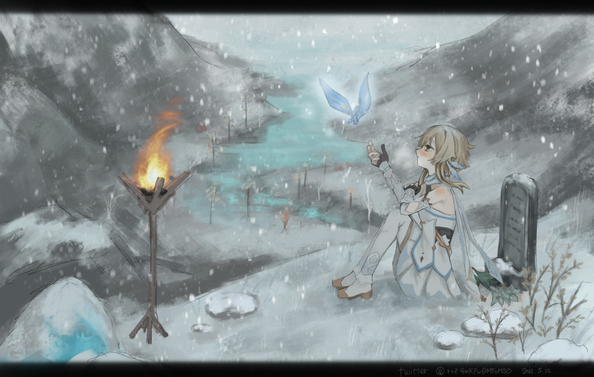 1girl bangs bare_shoulders blonde_hair blush boots crystal detached_sleeves dress feather_hair_ornament feathers from_side genshin_impact gloves hair_ornament highres in-universe_location lumine_(genshin_impact) mountain partially_fingerless_gloves river scarf scenery short_hair_with_long_locks shoulder_blush sitting snow solo thigh-highs thigh_boots tombstone torch white_dress white_footwear white_scarf yoooichang